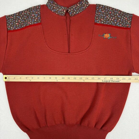 Vintage 80s Womens Mock Neck Sweater Small Rust Micro Floral Embroidered Fall - Picture 9 of 16